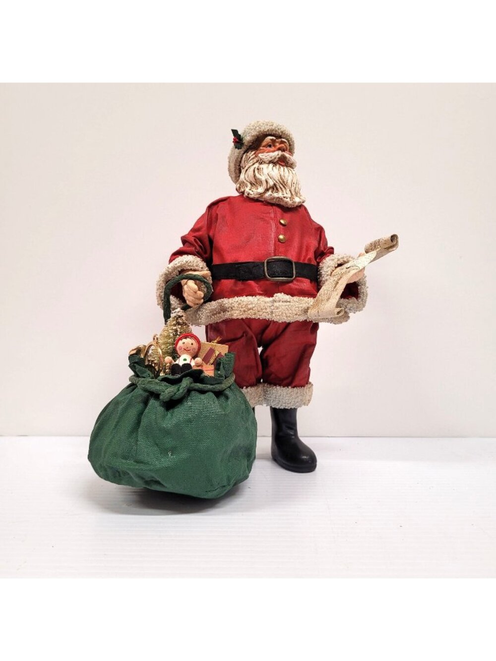 Kurt S Adler Fabric Mache 10'' Santa 1990s Holiday Tradition Bag of Toys List